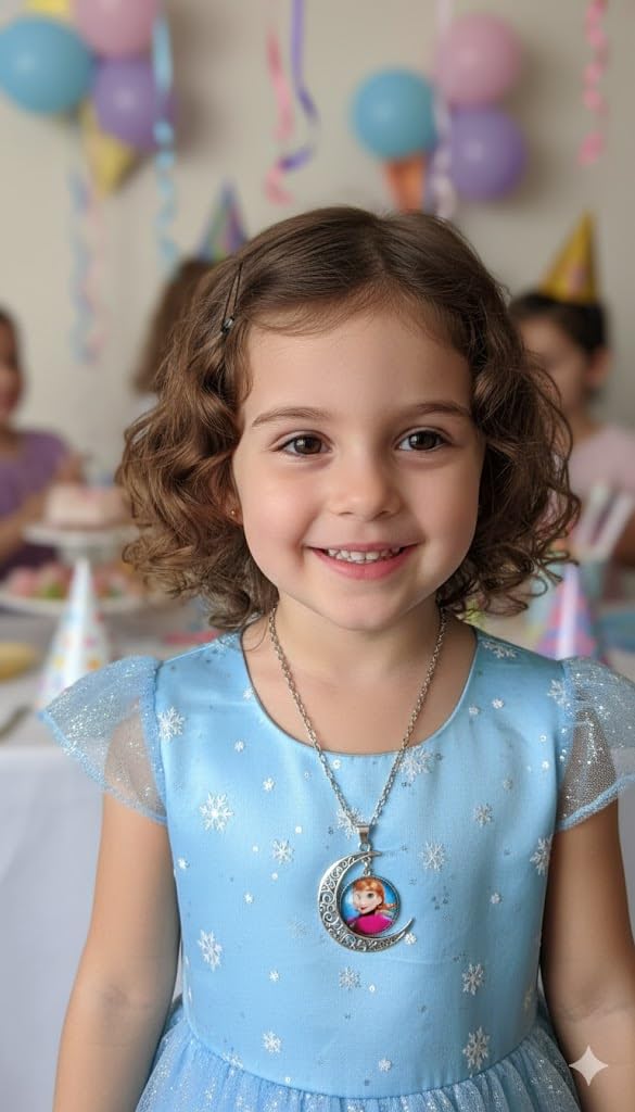 El Regalo Princess Crescent Moon Pendant Necklace for Girls- Enchanted Fairytale Character Jewelry with Filigree Detail, Silver-Tone Chain, Perfect Birthday Return Gift or Party for Toddlers and Kids (Style-5)