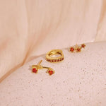 El Regalo 3 Pairs CZ Earrings Set - 14K Gold Plated Dainty Stud & Huggie Small Hoops for Women | Cartilage Earrings for Multiple Piercing | Trendy Stacking Jewellery (Orange)