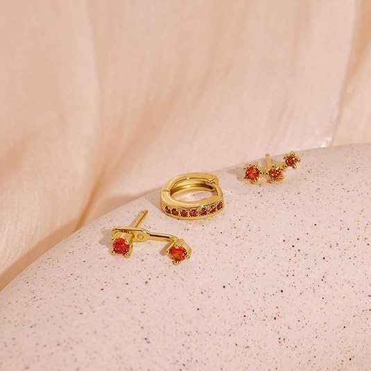 El Regalo 3 Pairs CZ Earrings Set - 14K Gold Plated Dainty Stud & Huggie Small Hoops for Women | Cartilage Earrings for Multiple Piercing | Trendy Stacking Jewellery (Orange)