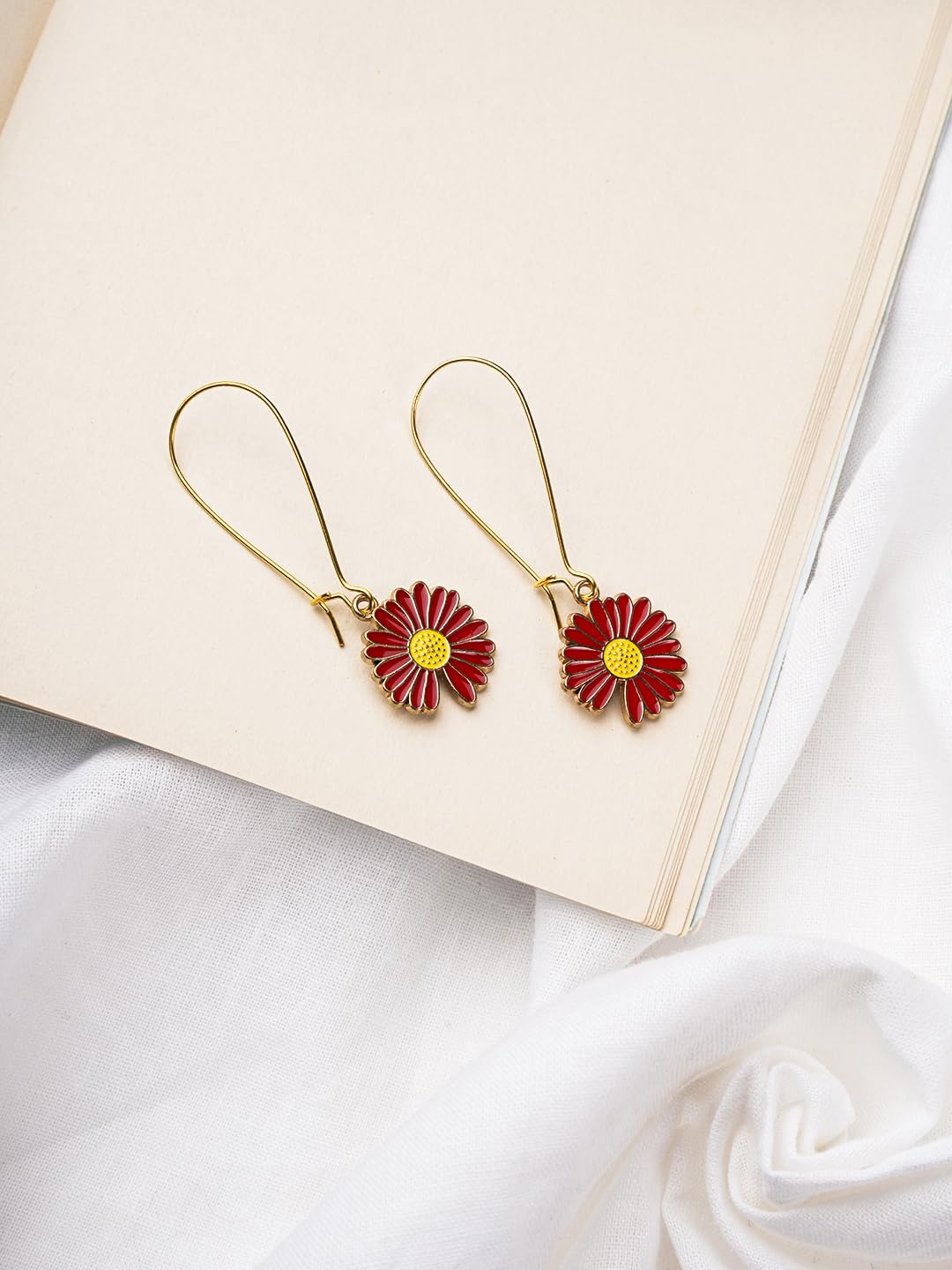 El Regalo Beautiful Enamel Flowers Long Hook Earrings for Women/Girls - Delicate Cute Flowers Charms Hook Earrings (Red Flower)