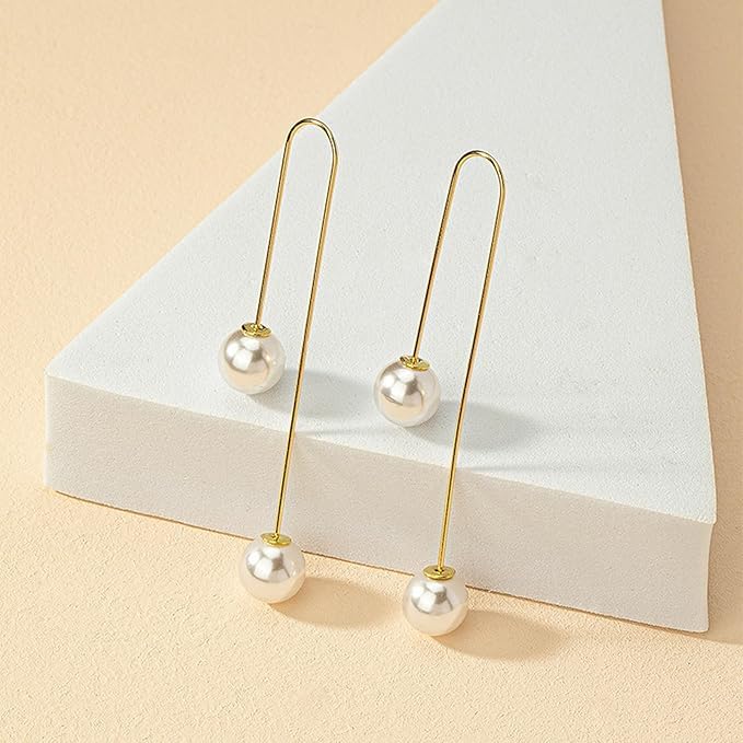 El Regalo Elegant Pearl Drop Threader Earrings for Women & Girls | Gold Long Wire Hook Double Pearls Earrings | Minimalist Jewelry for Office, Party, Wedding, Festivals
