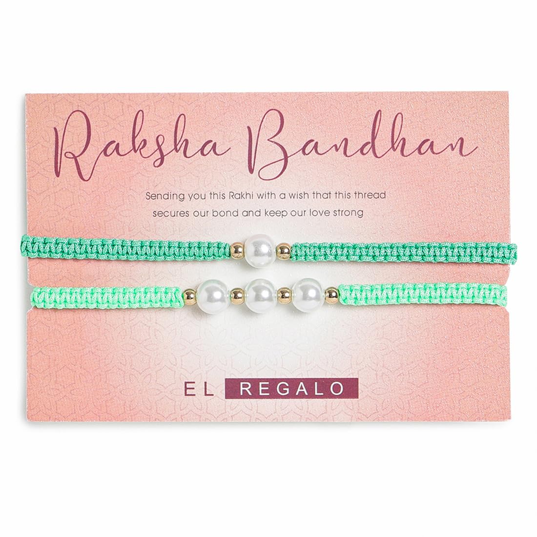 El Regalo 2PCs Pearls Rakhi Combo Set for Bhaiya-Bhabhi/Bhai- Bhatija/Bhatiji- Rakhi Gift Combo with 2 Pearls Rakhi, Roli-Chawal Shagun Pack, Message Card in Gift Box (Neon Green)