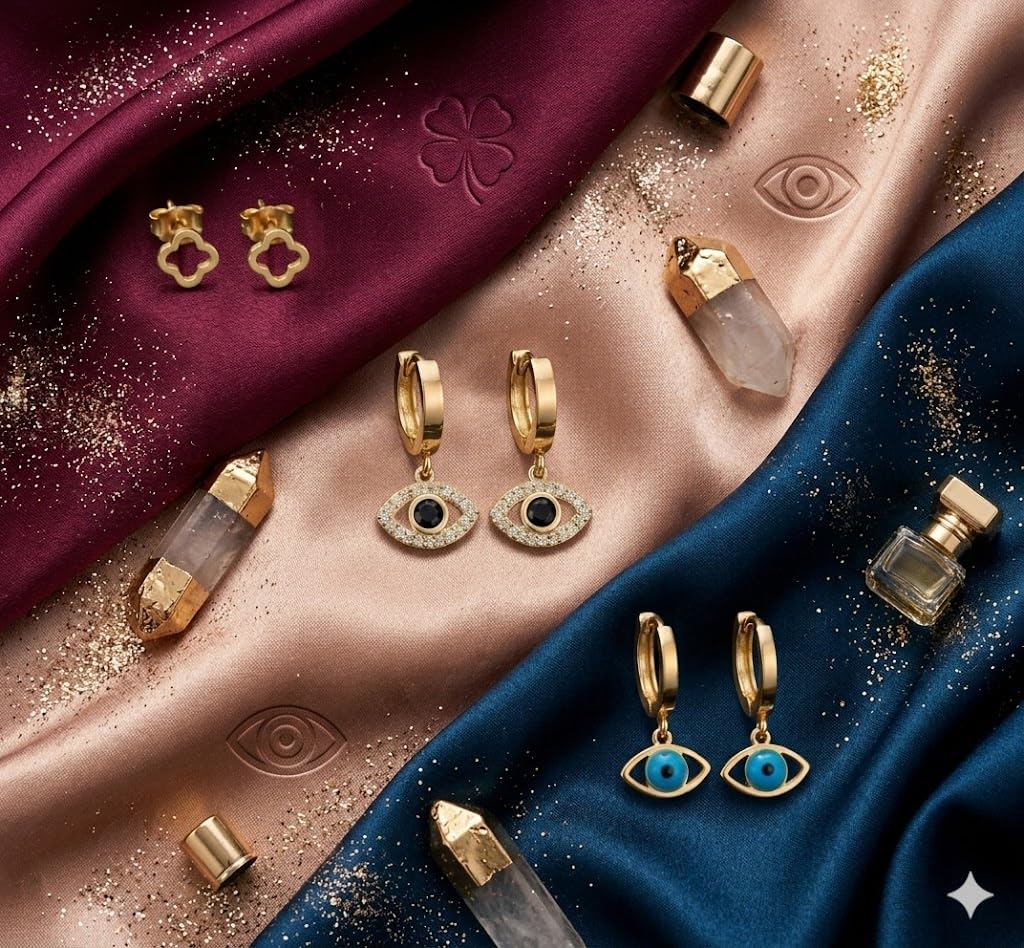 El Regalo Luxury 3 Pairs Earrings Combo Set for Girls & Women | 18K Gold Plated Anti-Tarnish Evil Eye & Clover Motif Earrings | Western Jewelry for Office, Party & Casual Style (Style-2)