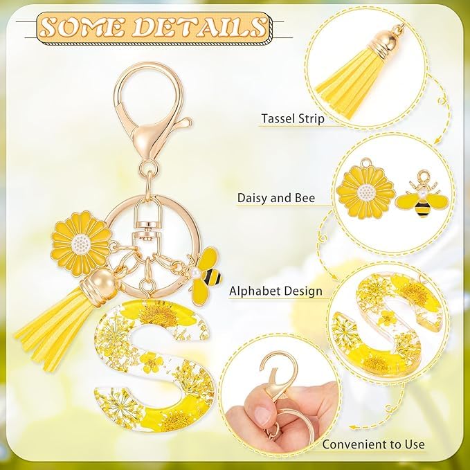 El Regalo Personalized Name Initials Natural Flowers & Bee Charm Keychain - Custom Letter Keyring with Daisy Flower & Honey Bee Pendant, Purse, Bag, Backpack Accessory (Letter S)