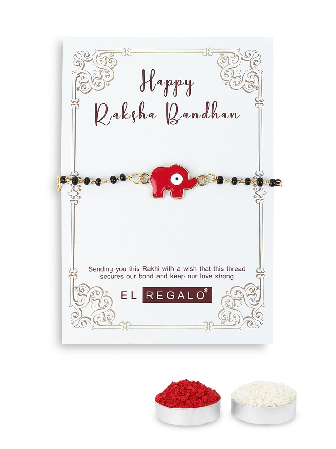 El Regalo Cute Evil Eye Nazaria Bracelet Rakhi for Babies/Kids with Roli Chawal, Rakhi Message card in Rakhi Gift Box- Baby Nazaria Rakhi (Red Elephant Nazaria Rakhi)