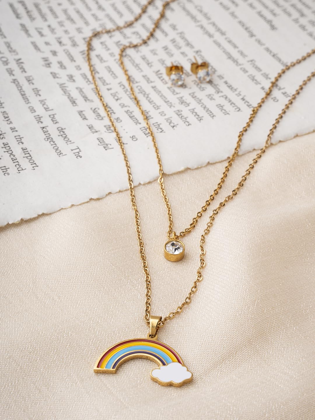 El Regalo Stainless Steel Rainbow Cloud Double Layer Necklace & Earrings Set - Anti Tarnish, Waterproof Jewelry for Kids, Girls, Women - Cute and Elegant Jewelry Set