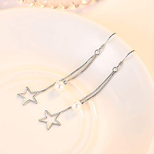 El Regalo 925 Silver Plated Minimalist Long Thin Linear CZ Elegant Threader Dangle Chain Earrings for Girls & Women (Star Pearl Tassel)