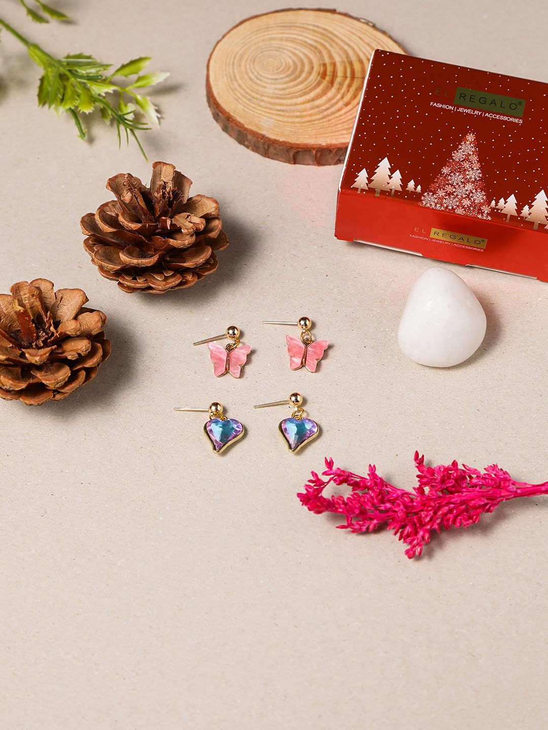 El Regalo 2Pairs Cute Heart & Butterfly Stud Earrings Combo for Girls, Teens & Women