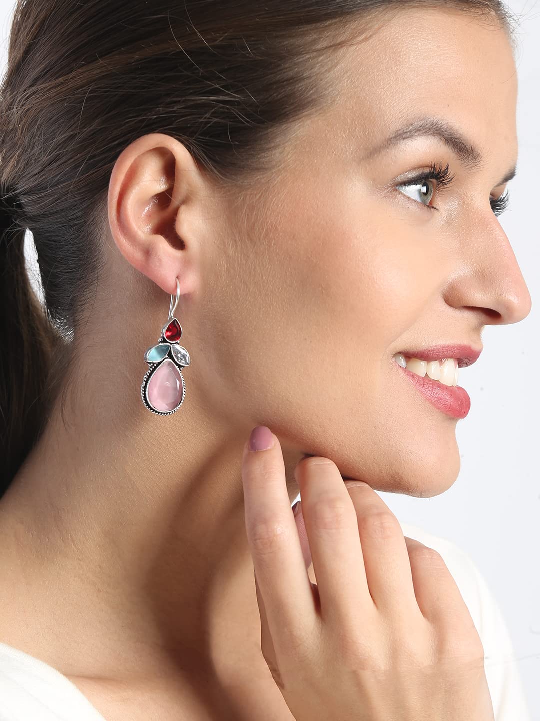 El Regalo Multi Colored Ethnic Stone Studded Oxidized 925 Silver Plated Earrings - Womens