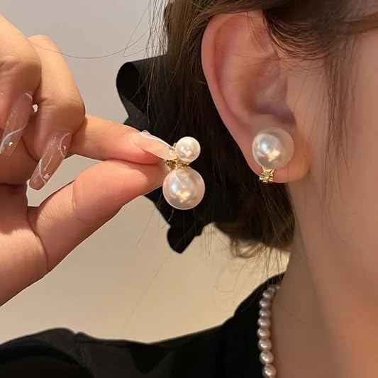 El Regalo Gold Plated Double Pearl Clip On Earrings for Women | Non Pierced Front Back Ear Cuffs | Vintage Geometric Dangle Ear Clips | Elegant Party Jewelry for Girls & Women