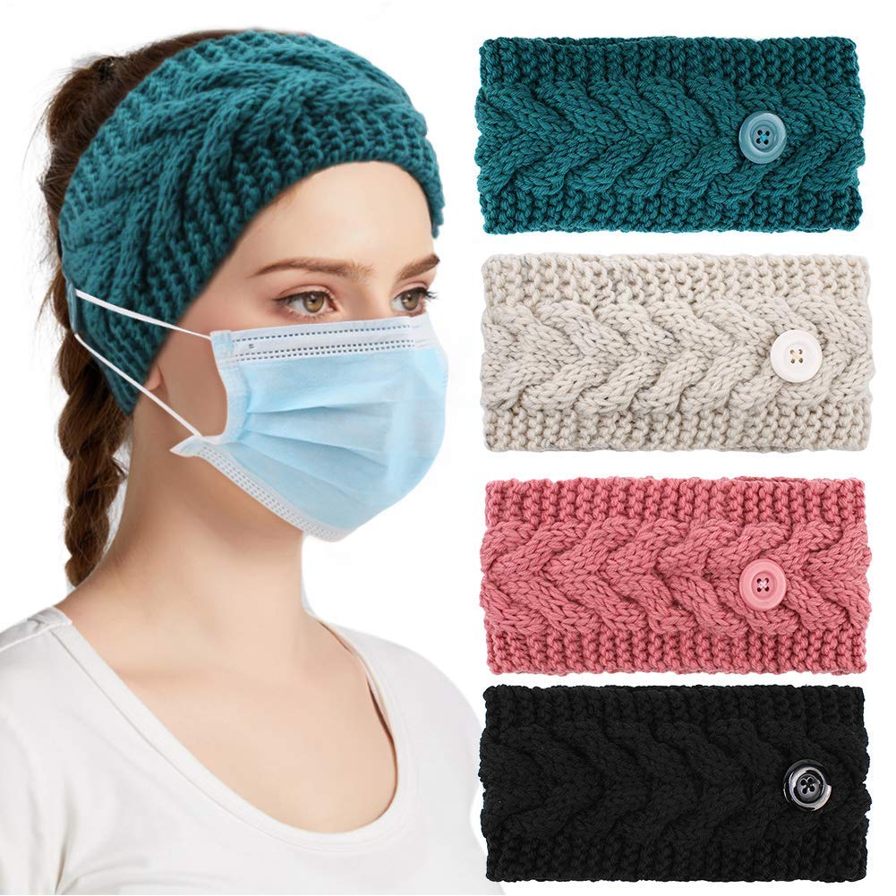 El Regalo Knitted Winter Twist Warm Wool Headband with Buttons for Face Mask Cover for Unisex (Sea Green)