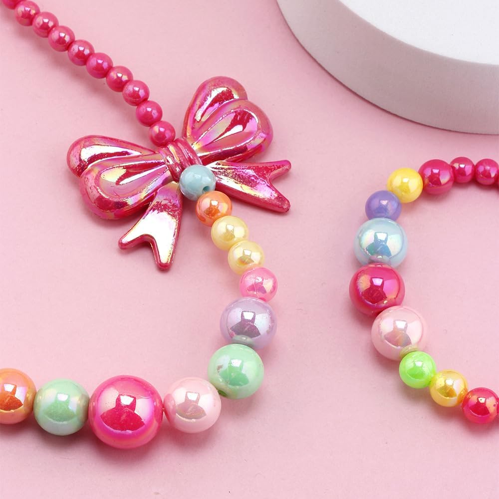El Regalo Shiny Rose Pink Bow Beads Necklace & Bracelet Jewelry Set for Girls/Kids- Colorful Rainbow Beads Bow Girls Jewelry Set