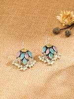 El Regalo 925 Silver Plated Stones Studded Cluster Pearls Dangle Hook Oxidized Earrings - Handcrafted Elegant Jewelry for Women (Pastel Multi Color)