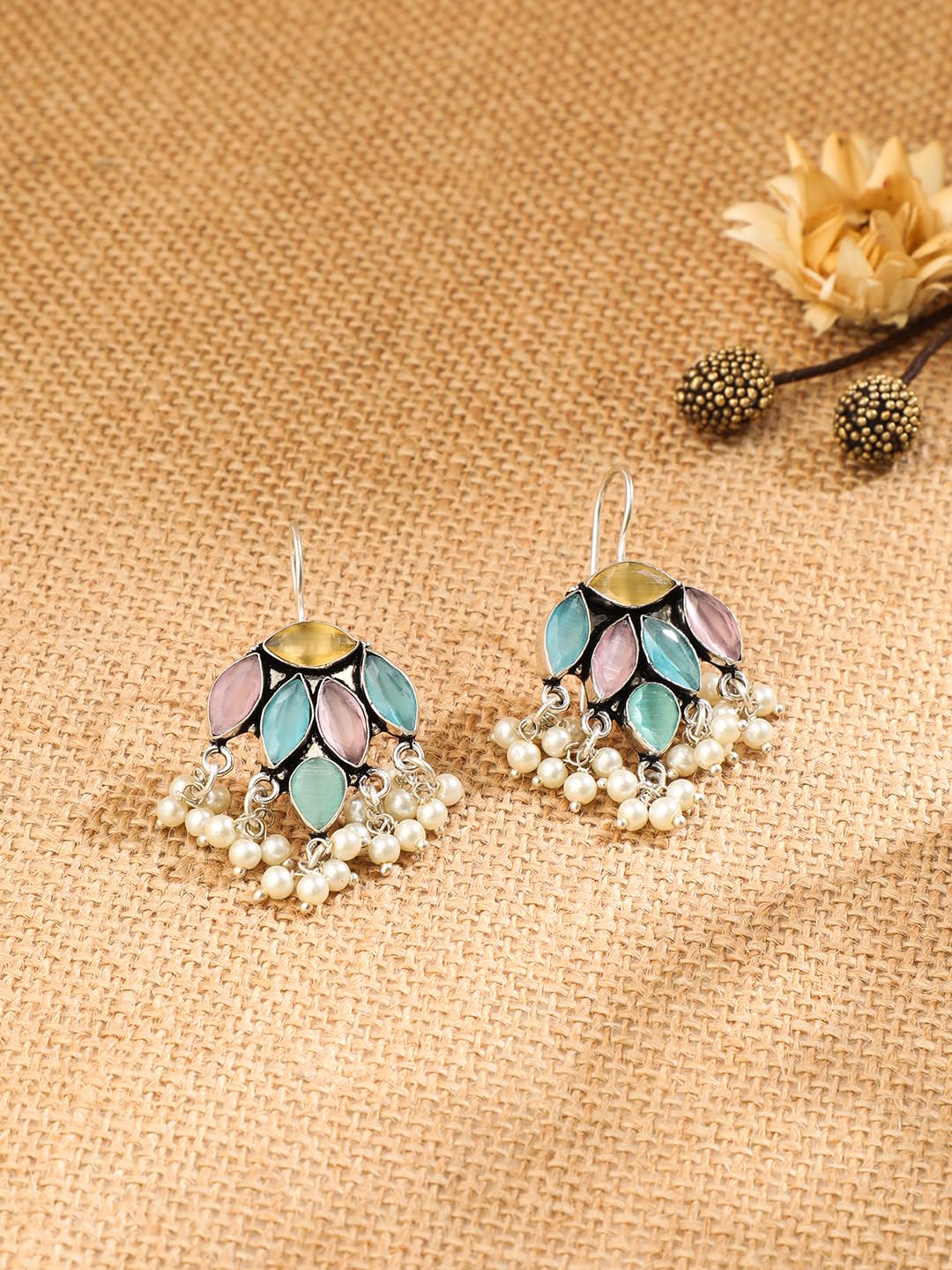 El Regalo 925 Silver Plated Stones Studded Cluster Pearls Dangle Hook Oxidized Earrings - Handcrafted Elegant Jewelry for Women (Pastel Multi Color)
