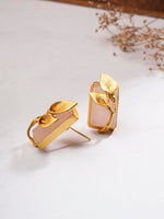 El Regalo Fancy Leaf Raw Stones Stud Brass Contemporary Earrings - Gold Plated Matte Finish Stone Studs for Girls and Women (Pale Pink)