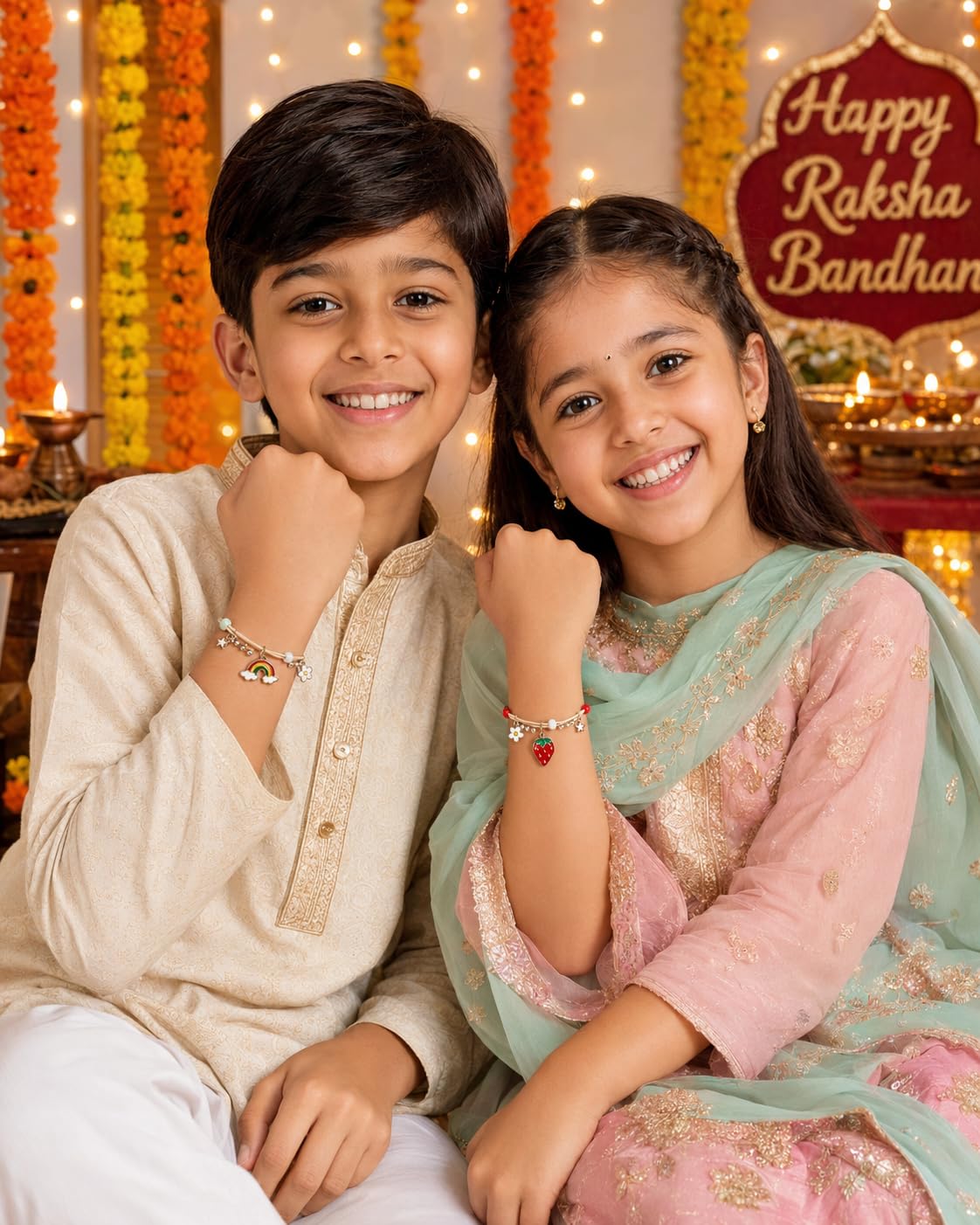 El Regalo 2 PCs Cute Kids Fancy Rakhis Combo Set - Beautiful 2 Kids Rakhis Set with Roli Chawal, Rakhi Message Card in Rakhi Gift Box for Little Brother/Niece/Nephew (Strawberry & Rainbow Rakhis)
