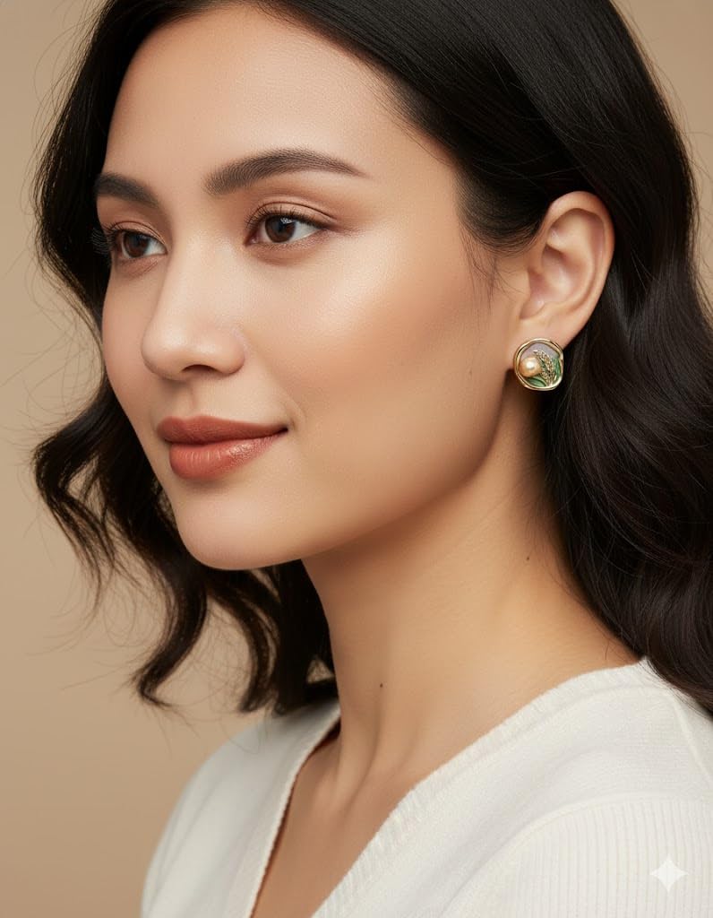 El Regalo 3D Enameled Irregular Pearl Stud Earrings for Women & Girls - Vintage Boho Artistic Gold Plated Floral Earrings, Unique Handmade Baroque Pearl Ear Studs
