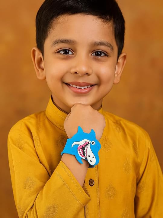 El Regalo Cute Slap Band Bracelet Rakhi for Kids Boys & Little Brother | Fun Quirky Silicone Slap Wristband Rakhi for Toddlers & Children with Roli Chawal Pack and Gift Box- Shark