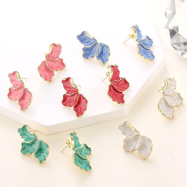 El Regalo Unique Irregular Enameled Flower Petal Stud Earrings- Trendy 3D Metal Flower Stud Earrings Statement Earrings (Green)