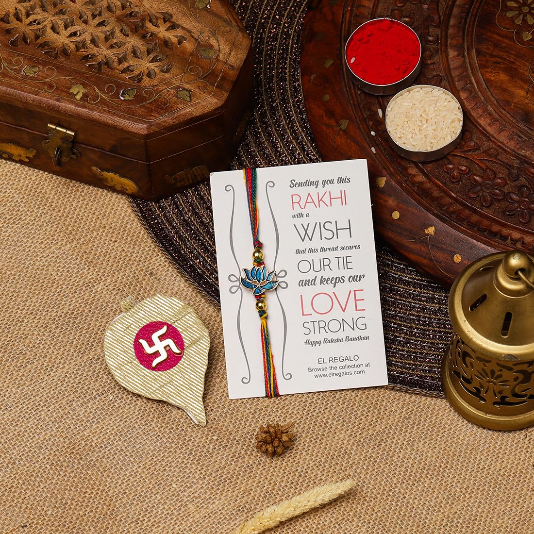 El Regalo 1PC Simple Lotus Flower Rakhi for Brother- Minimalist Lotus Thread Rakhi with Roli Chawal, Rakhi Message Card in Rakhi Gift Box (Option-2)
