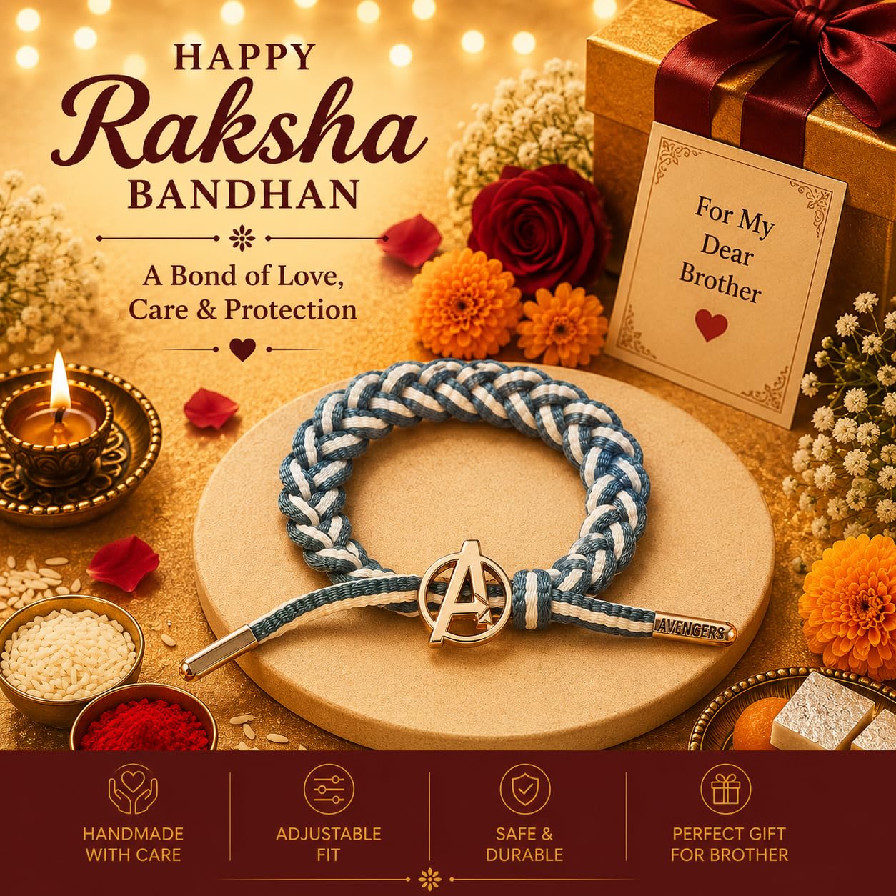 El Regalo Braided Superhero Charm Bracelet Rakhi for Kids & Teen Brothers- Hero A - Grey White
