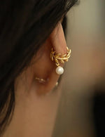 El Regalo 2 Pairs Leaf Pearl Ear Clip Cuff Earrings for Women & Girls - No Piercing Olive Leaf Cartilage Clip-on Earrings Combo (Gold & Silver Finish, Minimalist Pearl Design)