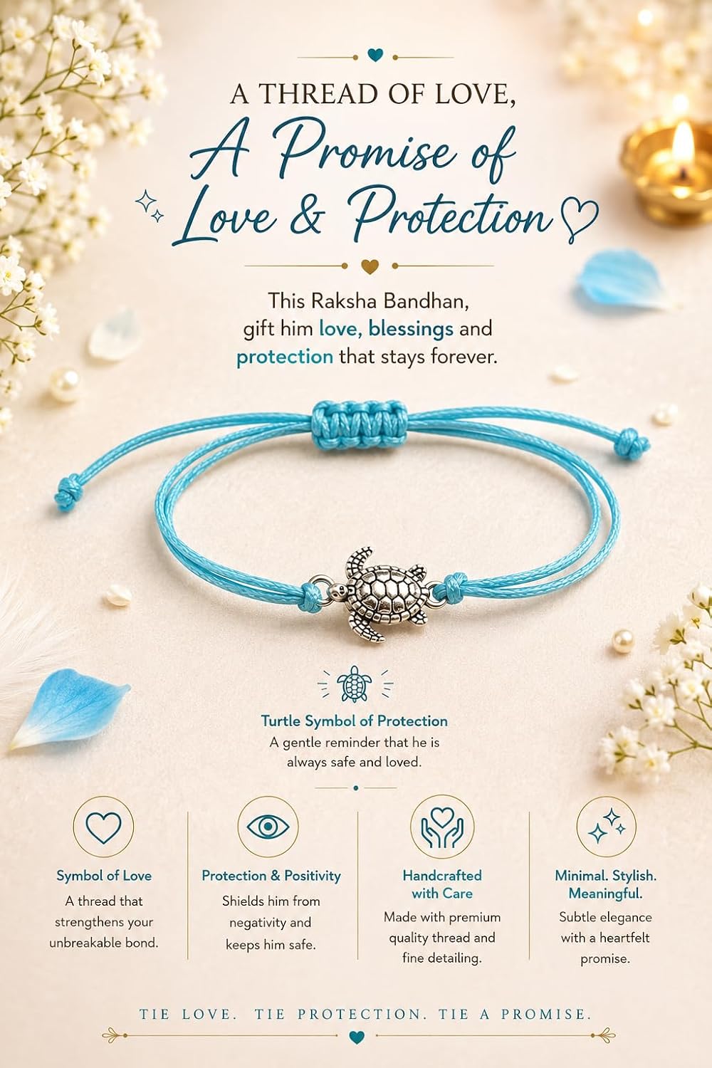 El Regalo Minimalist Lucky Turtle Adjustable Bracelet Rakhi for Brother- Blue