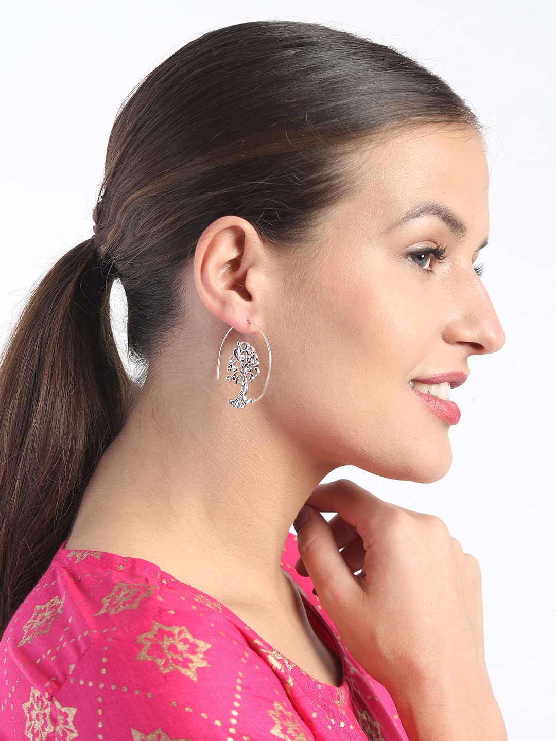 El Regalo Tribal Bohemian Style "Tree of Life" Spiral Hoop Earrings for Girls & Women (Silver)
