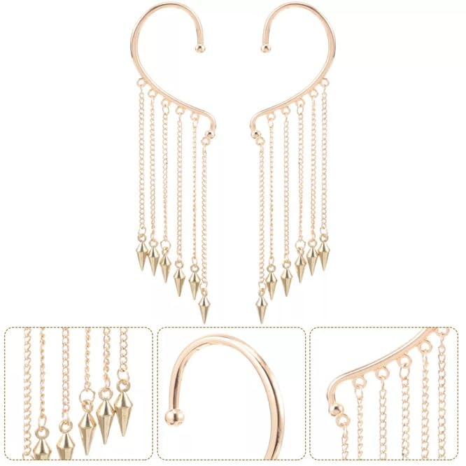 El Regalo Long Tassel Elf Ear Cuff Earrings for Women - Non Piercing Crawler Ear Wrap Bollywood Chandelier Dangle Earrings - Fairy Star & Spike Ear Clips (Spikes Tassel)