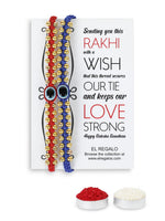 El Regalo 2PCs Simple Evil Eye Silver & Golden Beads Bracelet Rakhi Set for Brothers/Bhaiya-Bhabhi with Roli Chawal In Rakhi Gift Box- Elegant Rakhi for Bhai (Red & Blue Golden)