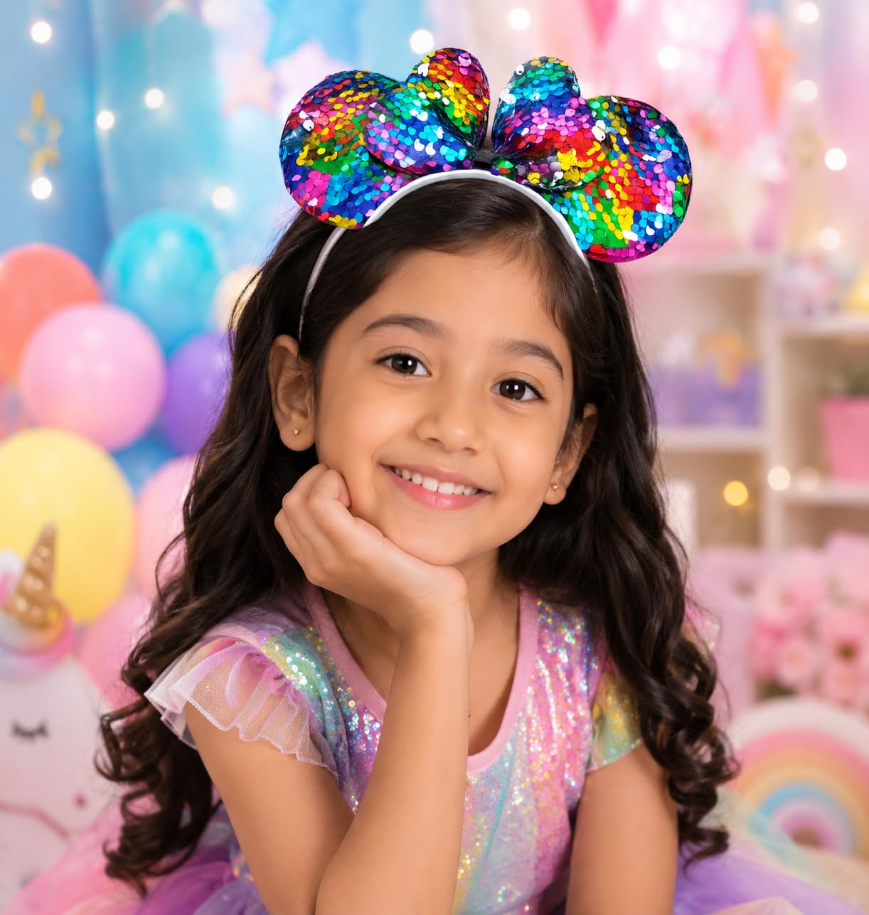 El Regalo Kids Sequin Mouse Ear Hairband with Bow for Girls | Cute Cartoon Mouse Headband | Glitter Party Hair Accessory | Fancy Dress Hair Band for Birthday, Theme Party, Halloween, Christmas & Photoshoot