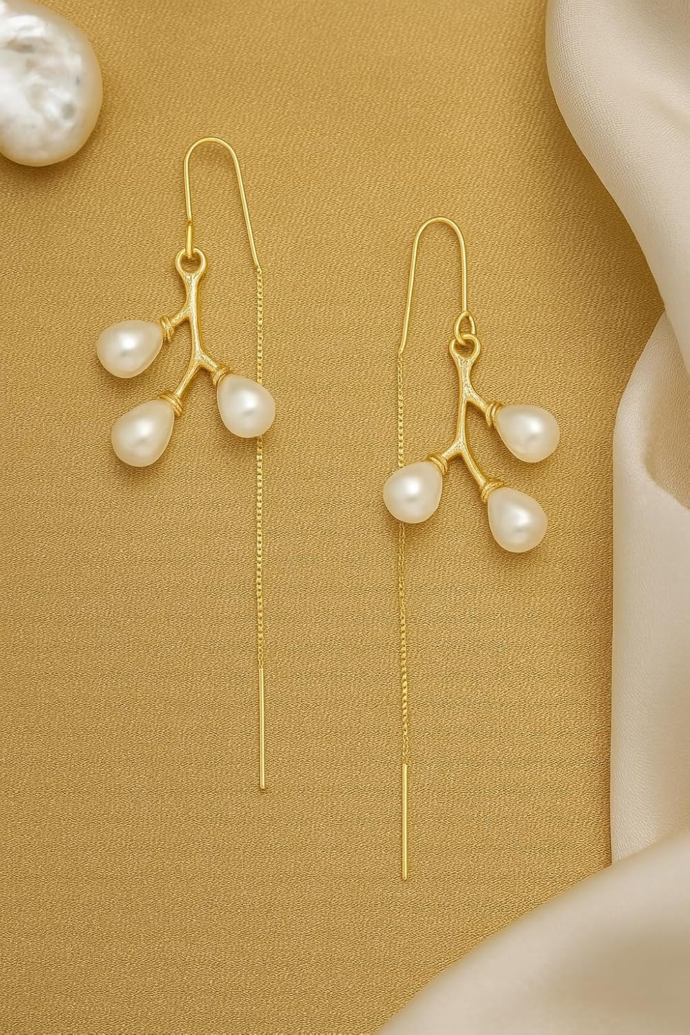 El Regalo Gold Plated Pearl Threader Earrings for Women & Girls | Long Chain Pearls Drop Earrings with Needle Thread Design | Elegant Gold Sui Dhaga Earrings for Wedding, Traditional and Festivals
