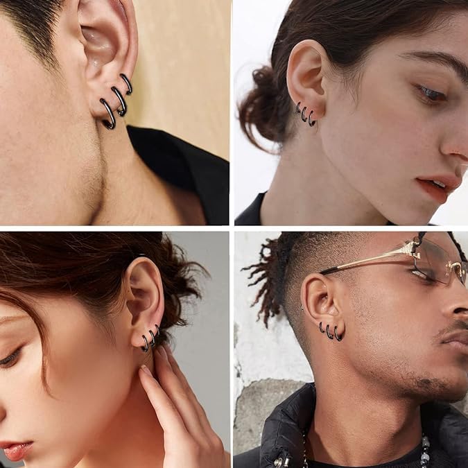 El Regalo 3 Pairs of Unisex Non-Piercing, Clip On Earrings for Girls/Boys/Men/Wome- Surgical Stainless Steel Hypoallergenic Huggie Fake Earrings (Black)