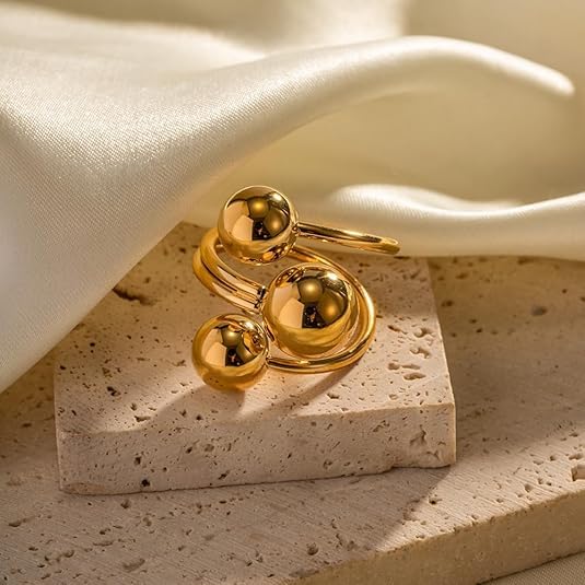 El Regalo Modern 18K Gold Plated Stainless Steel Trio Sphere Ring for Women & Girls | Elegant Big Bold Chunky Statement Ring | Triple Ball Spiral Cocktail Finger Ring | Western Fashion Jewellery