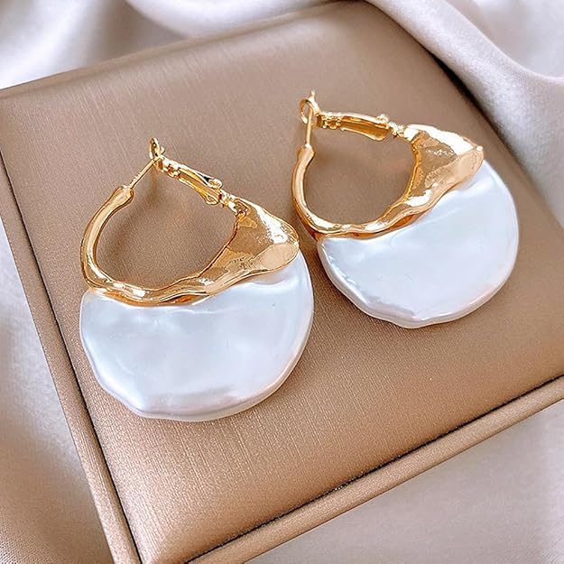 El Regalo Irregular Pearl Hoop Earrings for Women/Girls | Gold-Plated Textured Geometric Drop Earrings | Trendy Statement Fashion Jewellery for Western Outfits and Parties