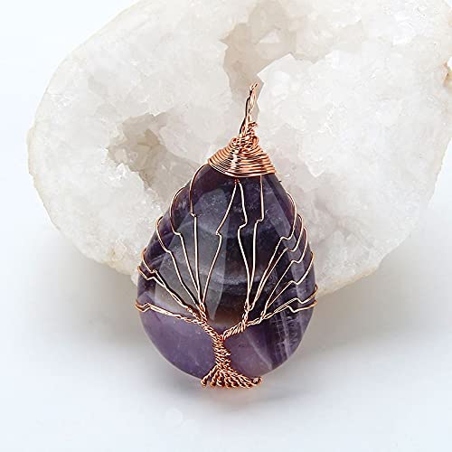 El Regalo Tree of Life Wire Wrapped Drop Natural Stones Healing Crystal Chakra Pendant Necklace - Unique Handcrafted Gemstones Pendant Necklaces (Amethyst) For Unisex Adult