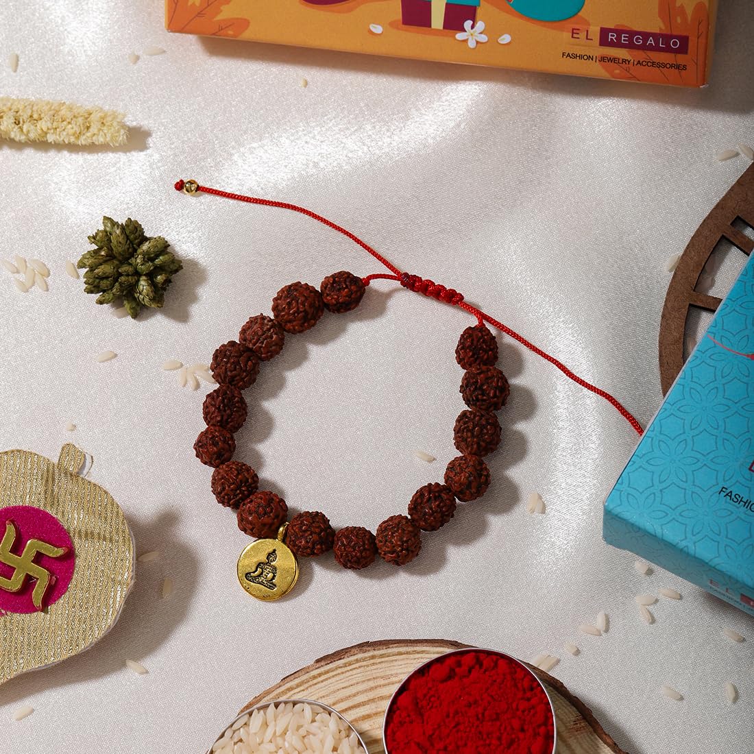 El Regalo 1PC Auspicious Natural Rudraksha & Lava Beads Rakhi for Brother- Designer Rudraksha Beads Rakhi with Roli Chawal, Rakhi Message Card in Rakhi Gift Box (Golden Budhdha)