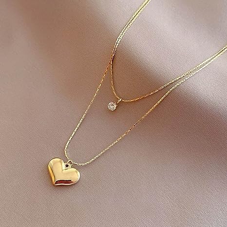 El Regalo Women & Girls Stainless Steel Double Layer Heart & Crystal Pendants Necklace- Glamorous Anti Tarnish Yabi Wind Double Clavicle Chain Female Love Pendant Necklace