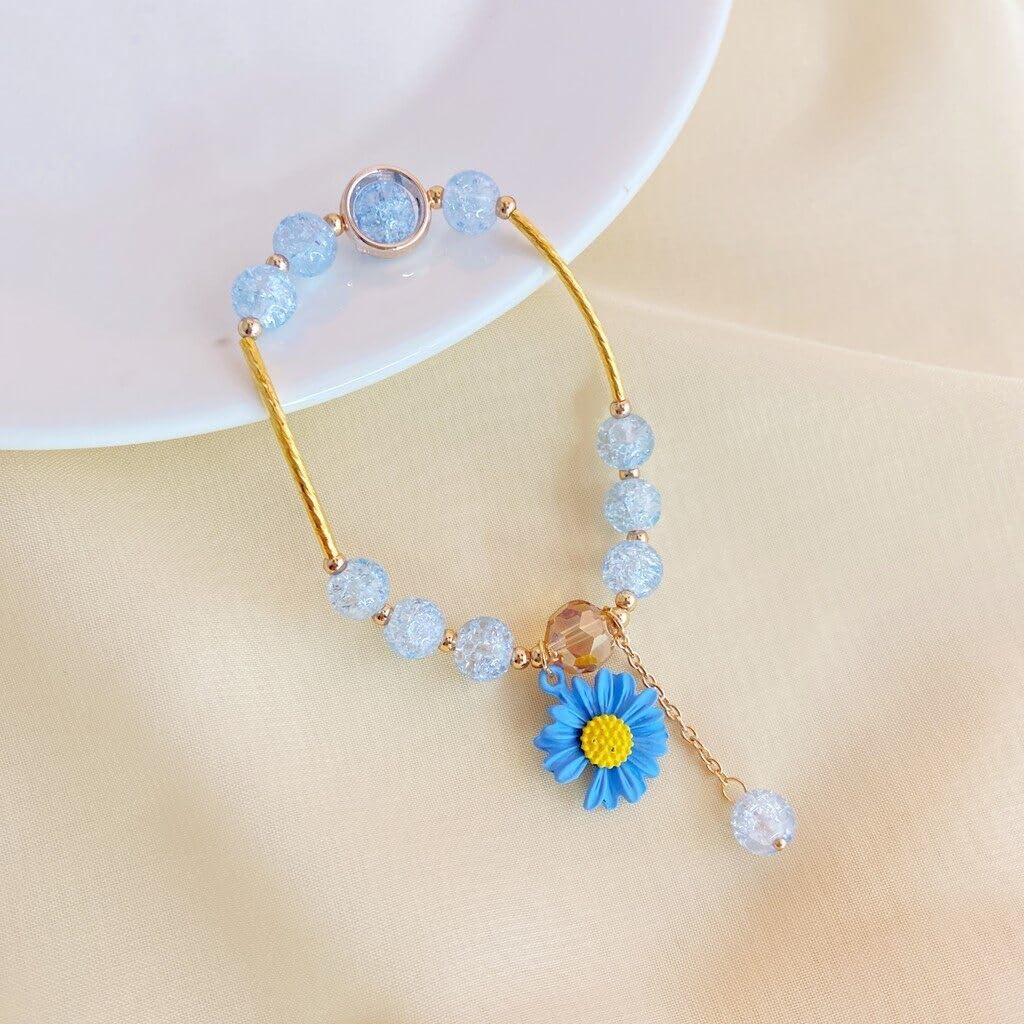 El Regalo 1PC Daisy Flower/Sunflower Crackle Beads Stretch Bracelet for Girls & Women- Fancy Floral Bracelets (Blue)