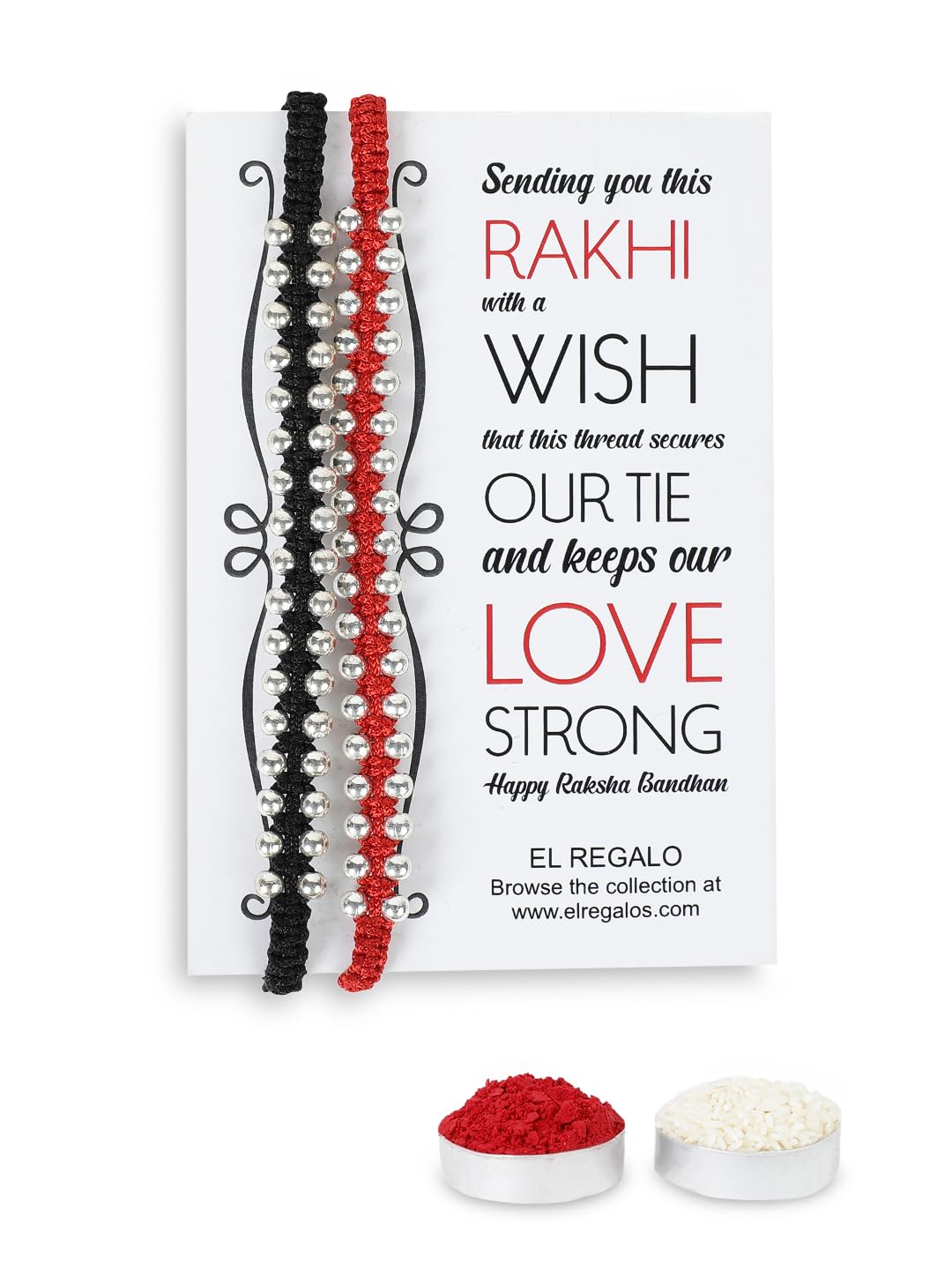 El Regalo 2PCs Simple, Minimalist Beaded Bracelet Rakhi for Brothers/Bhai- Bhabhi with Roli-Chawal, Rakhi Card in Rakhi Gift Box (Black & Red Silver)