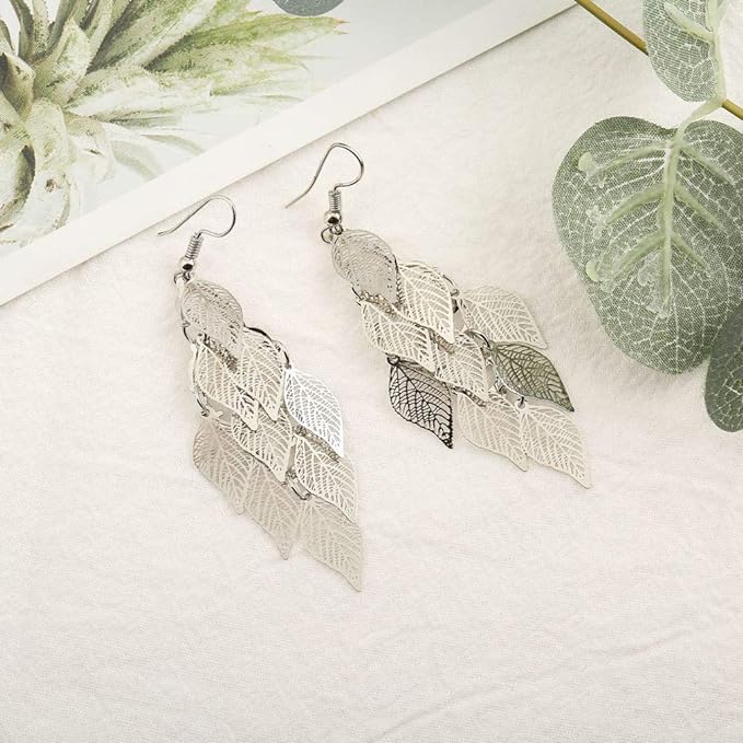 El Regalo 1 Pair Pretty Leaves Bunch Chandelier Earrings for Girls & Women- Boho Lightweight Hollow Filigree Leaves Drop Earrings (Silver)