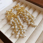 El Regalo Vintage Retro Pearl Tassel Earrings - Exaggerated Pearl Maple Leaf Tassel Earrings for Women & Girls