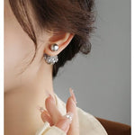 El Regalo Beautiful Double Sided Pearl Earrings for Women - Elegant Crown Rhinestone Front Back Studs | Korean Style Moti Earrings (Silver Grey)