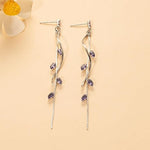 El Regalo Long Copper Zirconia Rhinestone Leaf Drop Dangle Earrings for Women | Korean Style Vine Fringe Earrings | Classy Party, Wedding & Casual Earrings Jewelry (Purple Silver)