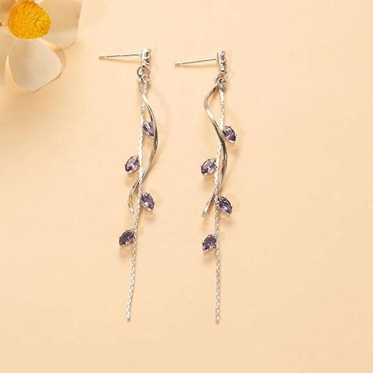 El Regalo Long Copper Zirconia Rhinestone Leaf Drop Dangle Earrings for Women | Korean Style Vine Fringe Earrings | Classy Party, Wedding & Casual Earrings Jewelry (Purple Silver)