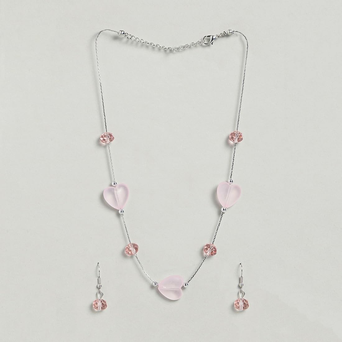 El Regalo 2PCs Crystals Beads Necklace & Earrings Jewelry Set for Kids/Girls & Teens - Shimmering/Matt Crystal Beads Fancy Jewelry Set (Pink Hearts)