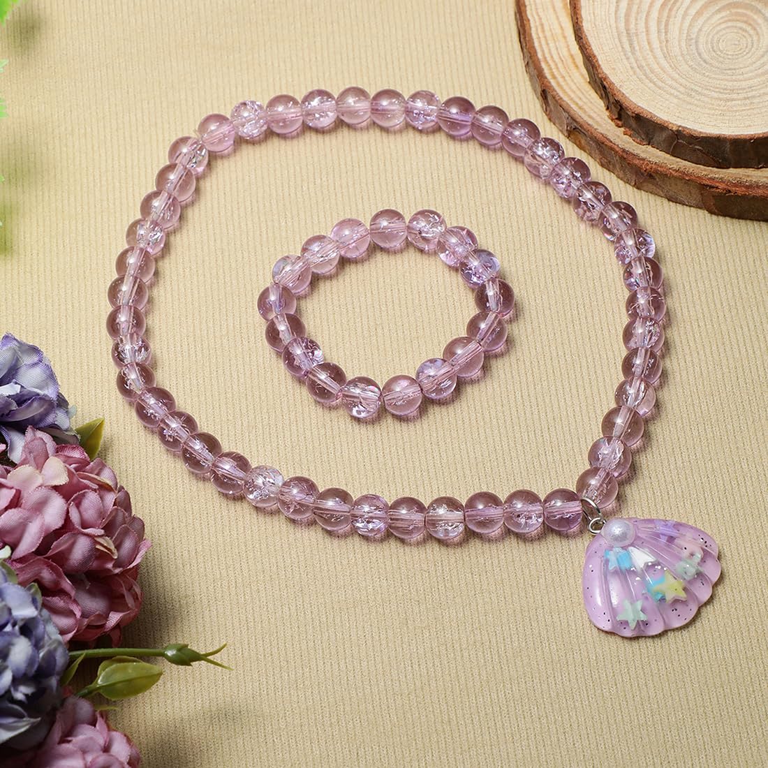 El Regalo 2 PCs Resin Shell Pendant Colorful Sparkly Crackle Beads Pendant Necklace & Bracelet Set for Kids/Girls- Christmas/Birthday Gift for Girls Kids (Purple)