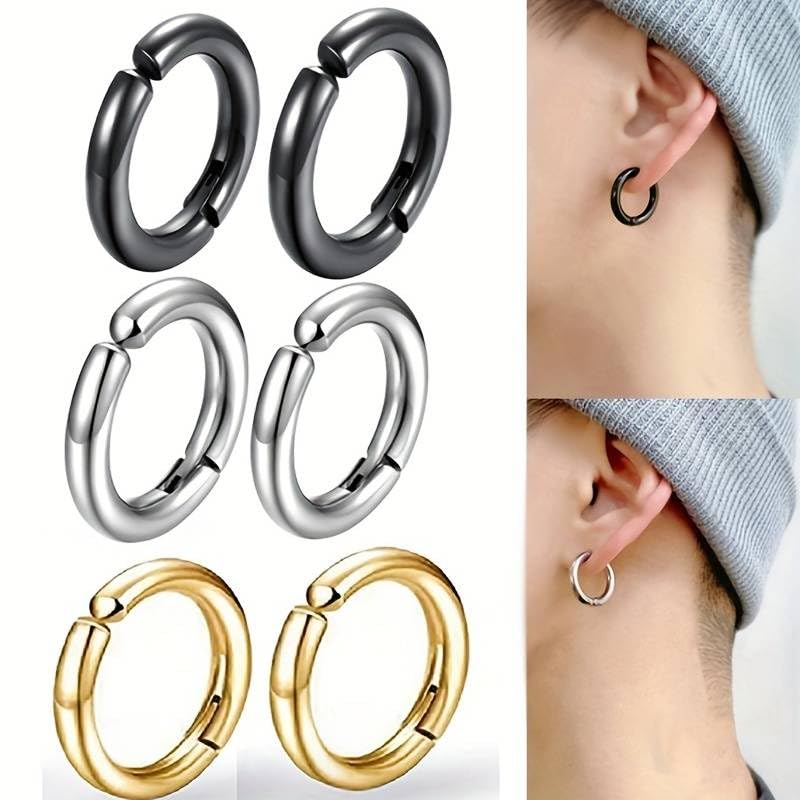 El Regalo 3Pairs Clip on Non-Piercing Unisex Hoop Earring-Surgical Stainless Steel, Anti-Tarnish, Waterproof Fake Earrings for Girls/Boys/Men/Women (12mm)
