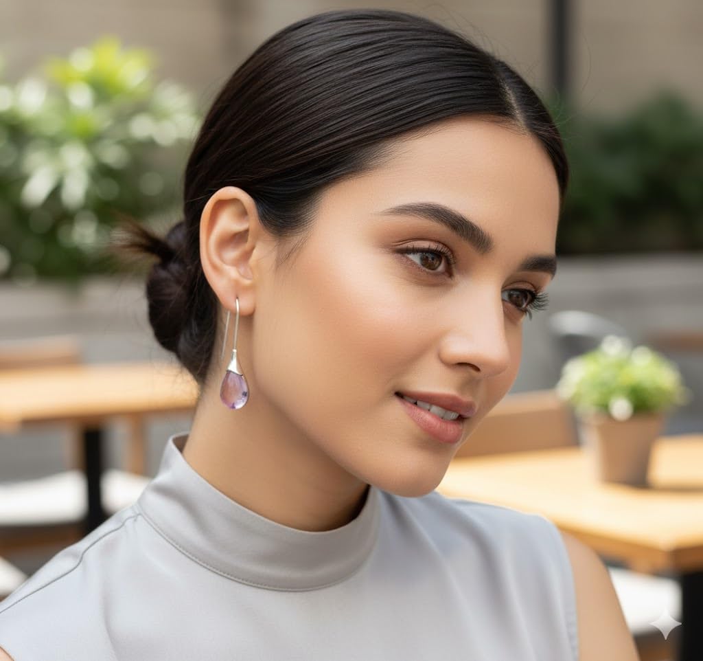 El Regalo Beverly Mint Designs Minimalist Teardrop Drop Earrings for Women & Girls - Classy Pastel Glass Stone Dangle Hooks for Western & Indo-Western Outfits (Lavender Mist)
