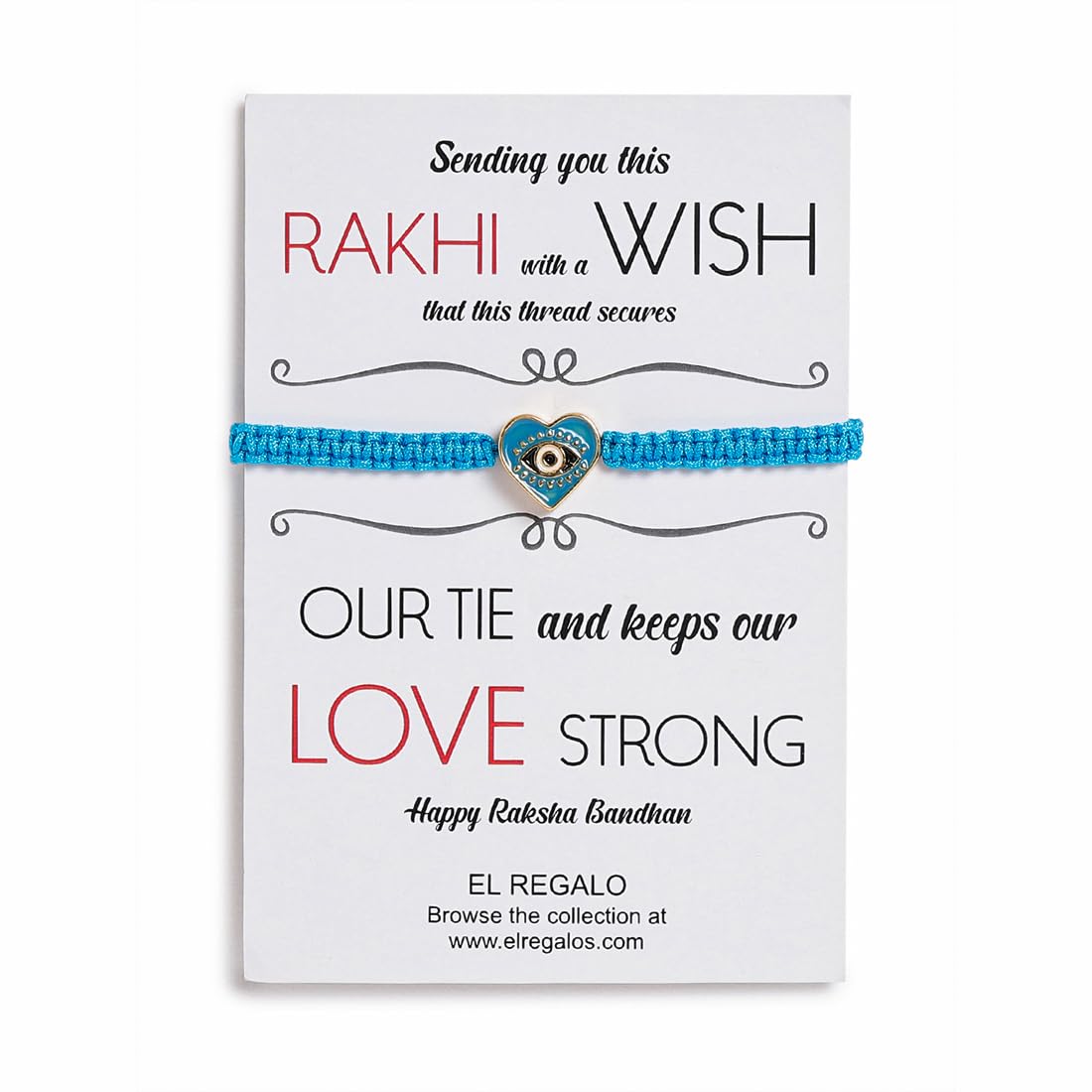 El Regalo 1 PC Heart Evil Eye Nazaria Rakhi for Brother- 1 PC Rakhi, Shagun Pack & Rakhi Message Card in Gift Box - Rakhi for Bhai/Bhabhi/Bhatija/Bhatiji (Light Blue Heart Evil Eye)